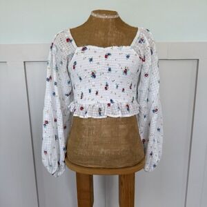 Billabong x Wrangler cropped Top MED floral Cottage Cowgirl Balloon Sleeve Boho